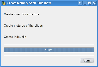 Диалог KPresenter Создать презентацию Memory Stick, отображающий процесс экспорта.